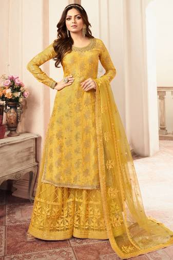 Yellow dola jacquard semi stitched wedding sharara salwar kameez