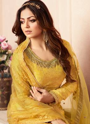 Yellow dola jacquard semi stitched wedding sharara salwar kameez 2