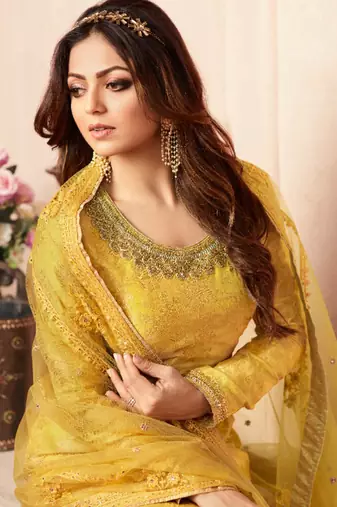 Yellow dola jacquard semi stitched wedding sharara salwar kameez