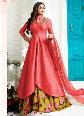 Red silk semi stitched wedding designer suit with skirt 1