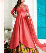 Red silk semi stitched wedding designer suit with skirt