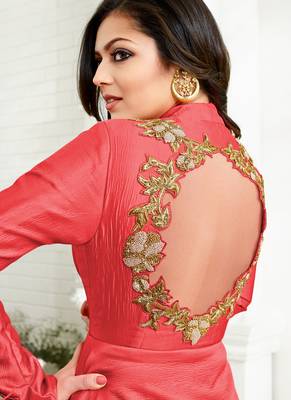 Red silk semi stitched wedding designer suit with skirt 2