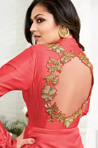 Red silk semi stitched wedding designer suit with skirt