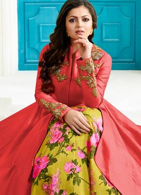 Red silk semi stitched wedding designer suit with skirt 3