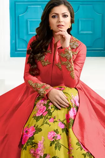 Red silk semi stitched wedding designer suit with skirt