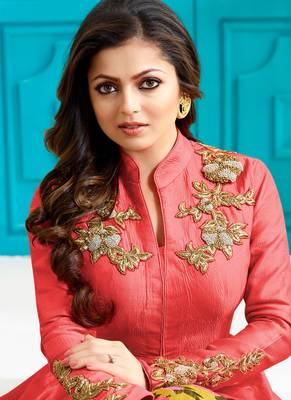 Red silk semi stitched wedding designer suit with skirt 4