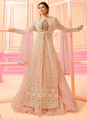 Pink & peach net semi stitched wedding lakhnavi lehenga dress 1