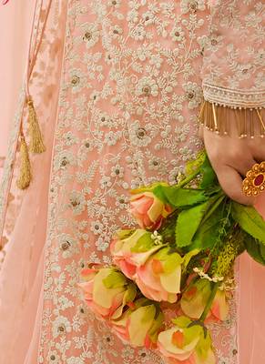 Pink & peach net semi stitched wedding lakhnavi lehenga dress 2
