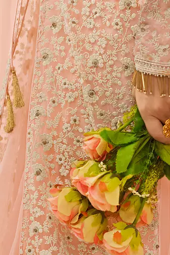 Pink & peach net semi stitched wedding lakhnavi lehenga dress
