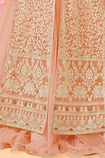 Pink & peach net semi stitched wedding lakhnavi lehenga dress