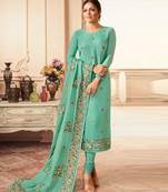 Mint blue silk semi stitched wedding churidar salwar kameez