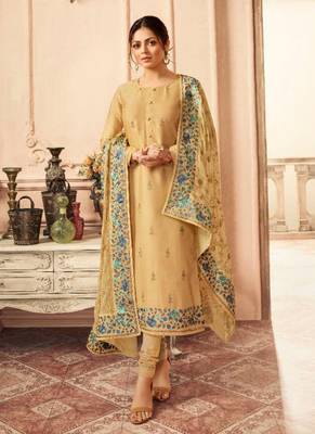 Beige silk semi stitched wedding churidar salwar kameez 1