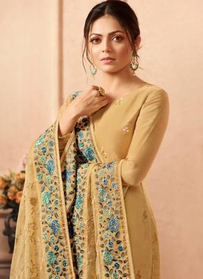 Beige silk semi stitched wedding churidar salwar kameez 2