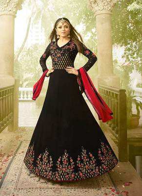 Black georgette semi stitched wedding anarkali suit 1