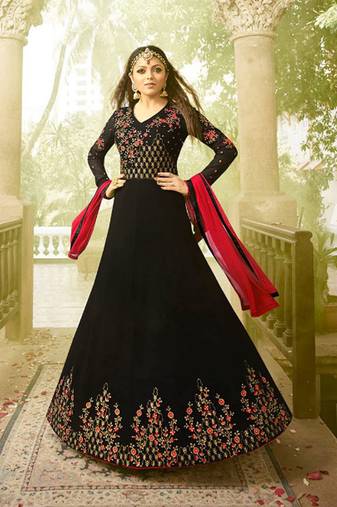 Black georgette semi stitched wedding anarkali suit