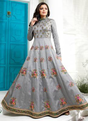 Grey silk semi stitched wedding anarkali suit 1