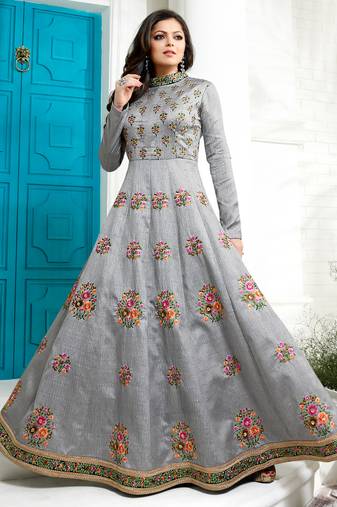 Grey silk semi stitched wedding anarkali suit