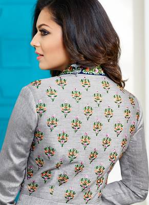 Grey silk semi stitched wedding anarkali suit 2