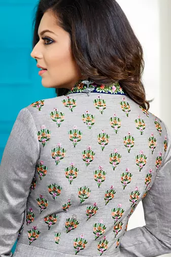 Grey silk semi stitched wedding anarkali suit