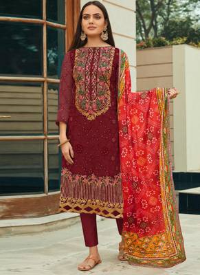 Maroon net semi stitched party straight cut suit 1