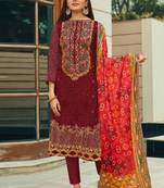 Maroon net semi stitched party straight cut suit
