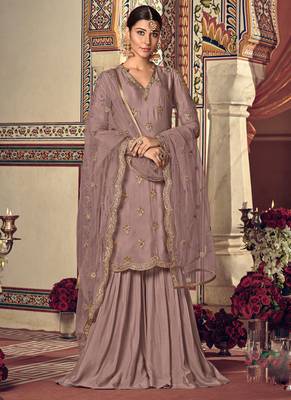Mauve georgette semi stitched wedding sharara salwar suit 1