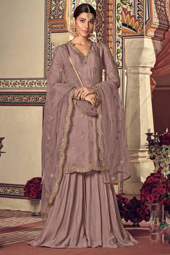 Mauve georgette semi stitched wedding sharara salwar suit