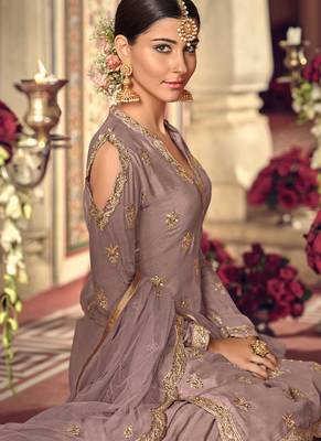 Mauve georgette semi stitched wedding sharara salwar suit 2
