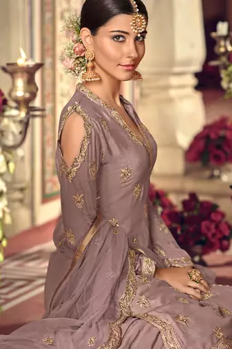 Mauve georgette semi stitched wedding sharara salwar suit
