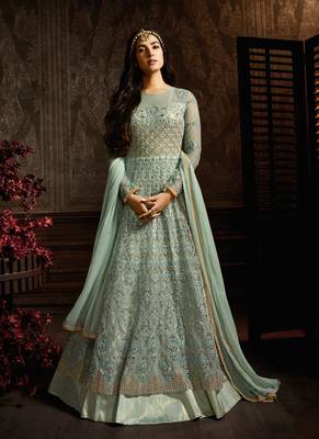 Green net semi stitched floor length anarkali churidar 1
