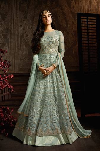 Green net semi stitched floor length anarkali churidar