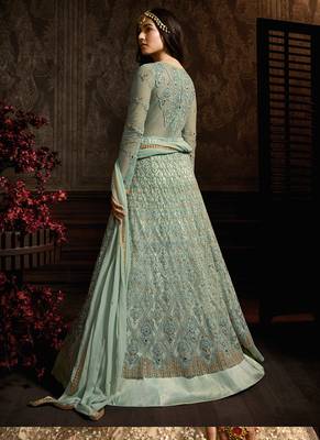 Green net semi stitched floor length anarkali churidar 2