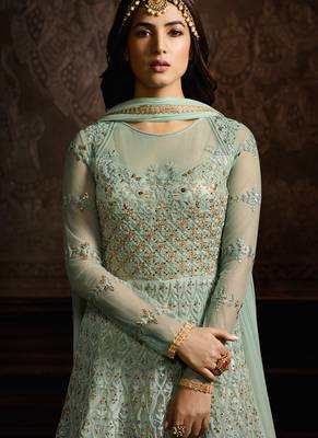 Green net semi stitched floor length anarkali churidar 3
