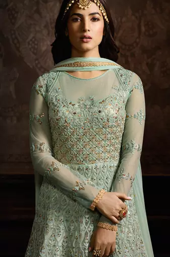 Green net semi stitched floor length anarkali churidar