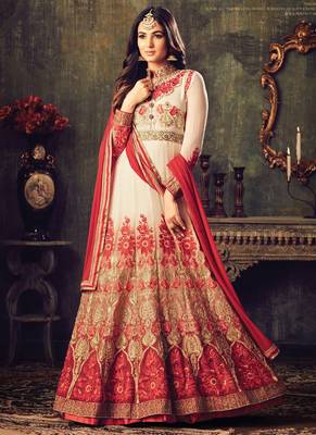 Cream georgette semi stitched wedding floor length anarkali 1