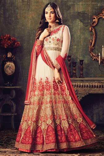 Cream georgette semi stitched wedding floor length anarkali