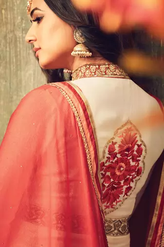 Cream georgette semi stitched wedding floor length anarkali