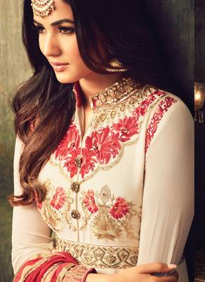 Cream georgette semi stitched wedding floor length anarkali 3