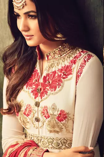 Cream georgette semi stitched wedding floor length anarkali