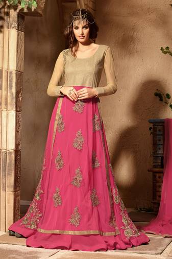 Pink net, georgette semi stitched party three piece gown