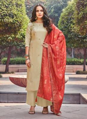 Beige upada silk semi stitched party palazzo salwar kameez 1