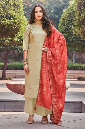 Beige upada silk semi stitched party palazzo salwar kameez