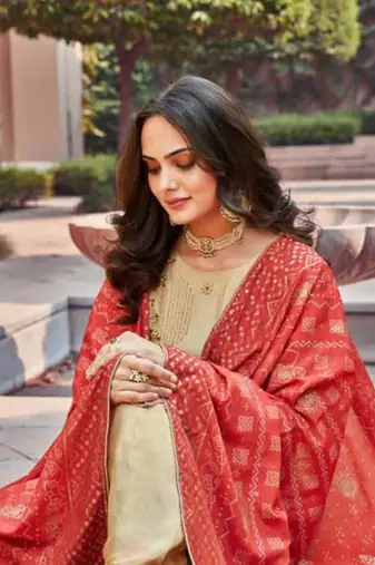 Beige upada silk semi stitched party palazzo salwar kameez