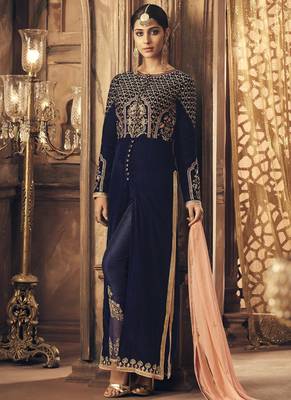 Velvet Embroidered Navy Blue Pakistani Salwar Suit Set 1
