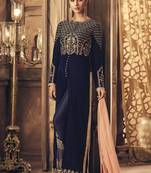 Velvet Embroidered Navy Blue Pakistani Salwar Suit Set