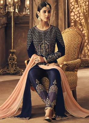 Velvet Embroidered Navy Blue Pakistani Salwar Suit Set 2