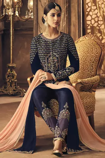 Velvet Embroidered Navy Blue Pakistani Salwar Suit Set