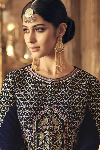 Velvet Embroidered Navy Blue Pakistani Salwar Suit Set