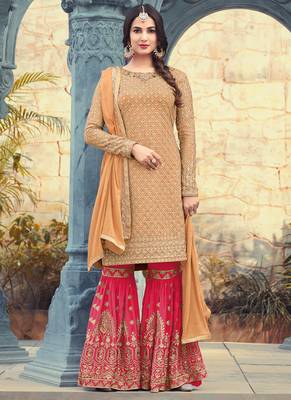 Peach georgette semi stitched wedding sharara kameez 1
