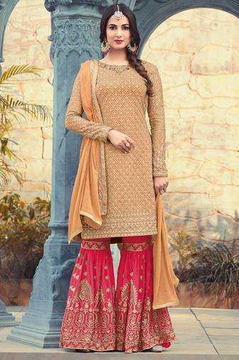Peach georgette semi stitched wedding sharara kameez